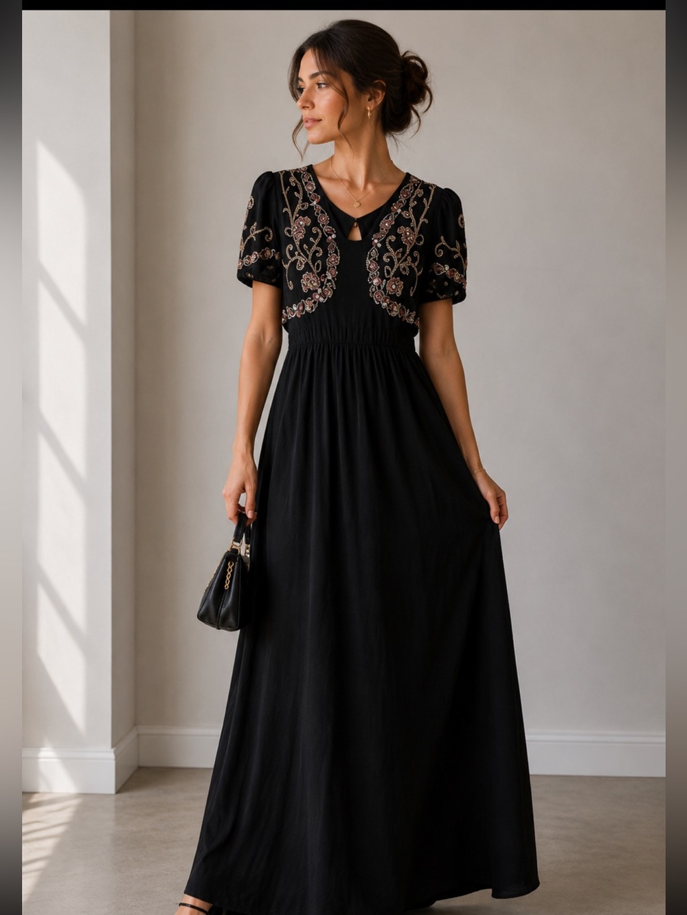 Vintage Elegant Black beaded Embroidered maxi dress size XS gothic, whimsigoth
